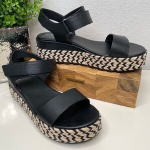 Sorel Cameron Flatform Black Leather‎ Espadrille Platform Sandals Size 9